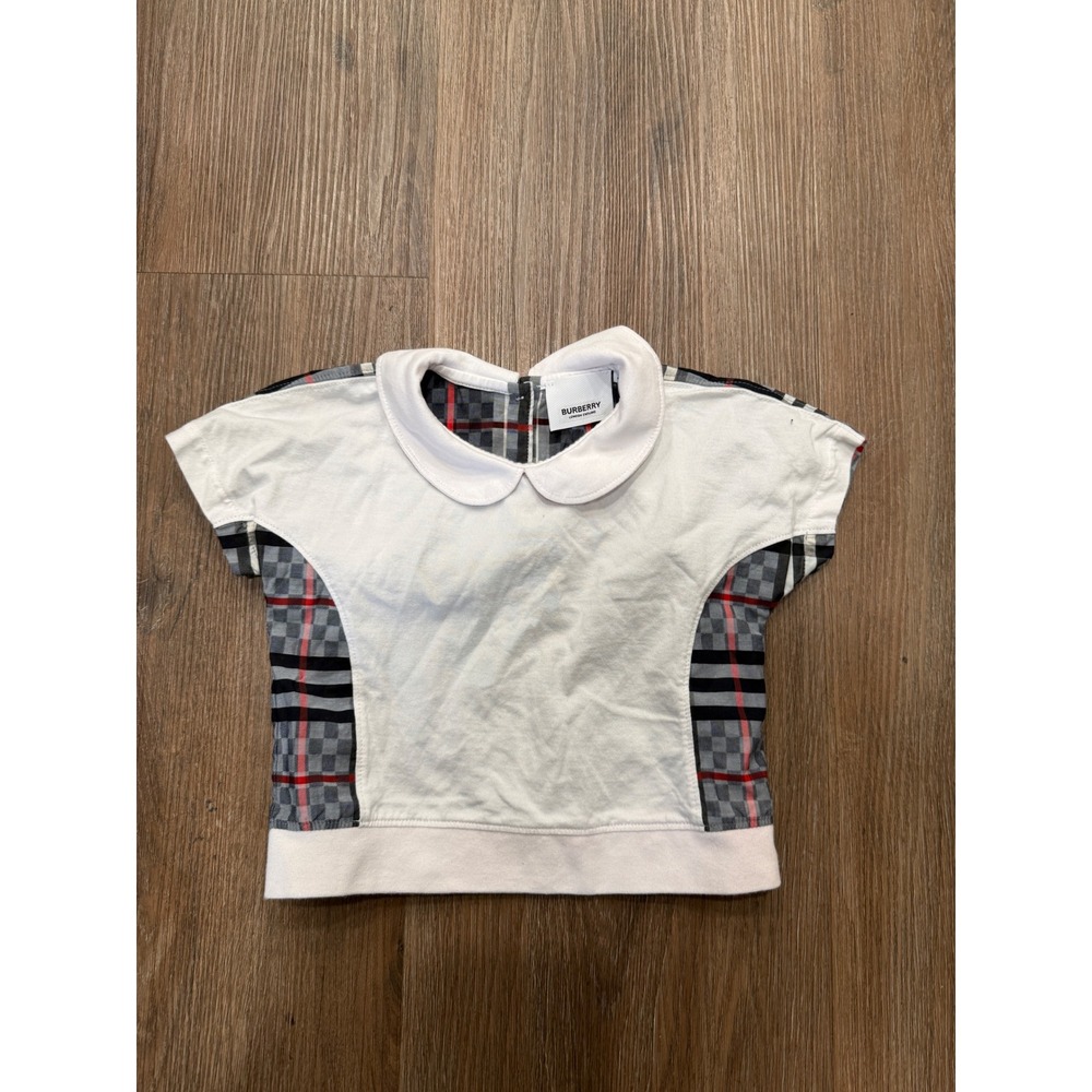 Burberry‎ Girls White Check Panel Peter Pan Collar T-Shirt 12M 80cm 8051425